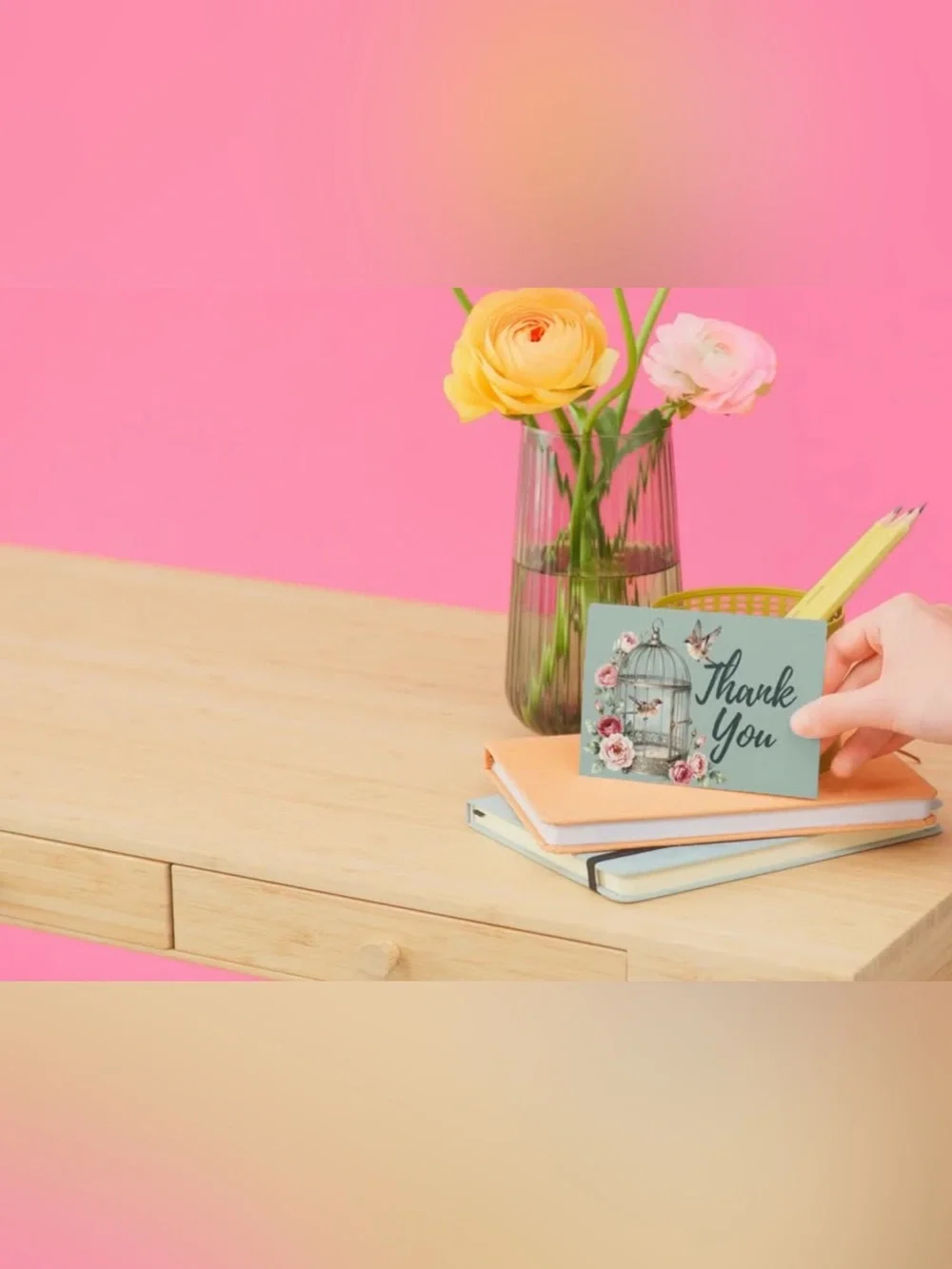 Floral Bird Cage Thank You Cards Set of 15 4x6 Turquoise Roses with Envelopes